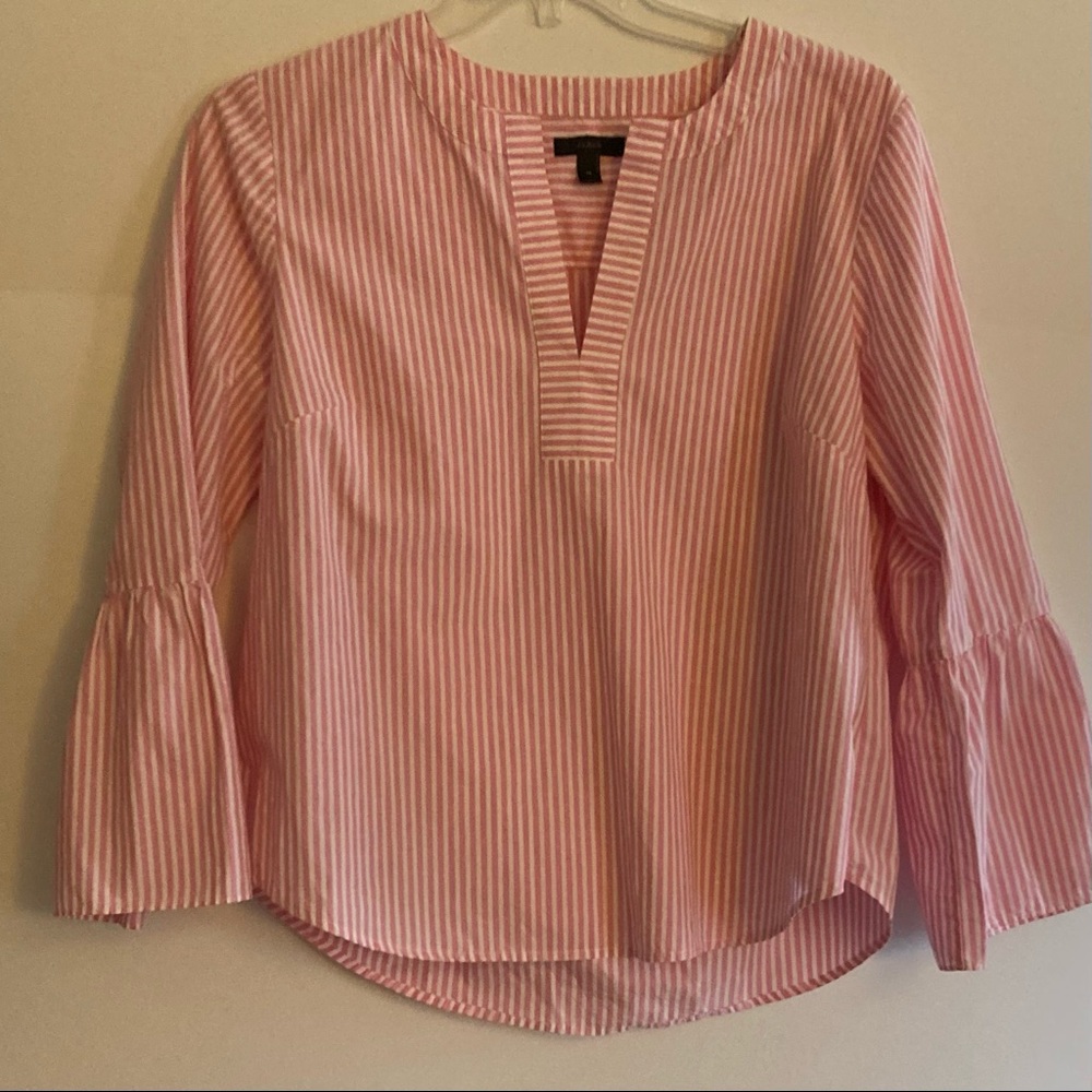 J. Crew Striped Bell Sleeve Blouse in Pink and White Size 14